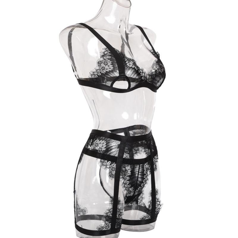 La Belle Fantastique 3 Piesces Black Satin and Eyelash Lace Bra with Garter Belt and G-String | Sexy Sheer Lingerie - La Belle Fantastique