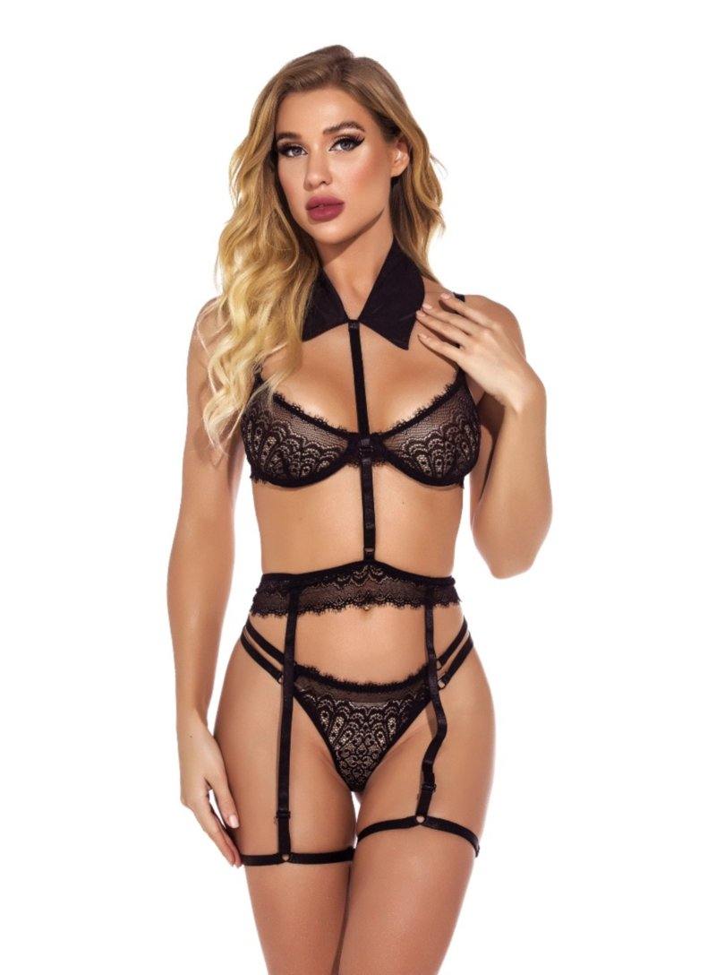La Belle Fantastique 3 Pieces Black Sexy Collar Lace Bra with Garter Belt and G-String | Black Satin Bra and G-String | Sexy Sheer Lingerie - La Belle Fantastique