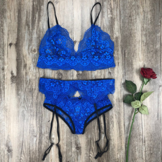 La Belle Fantastique 3 Pieces Blue Satin and Eyelash Lace Bra with Garter Belt and G-String | Sexy Sheer Lingerie