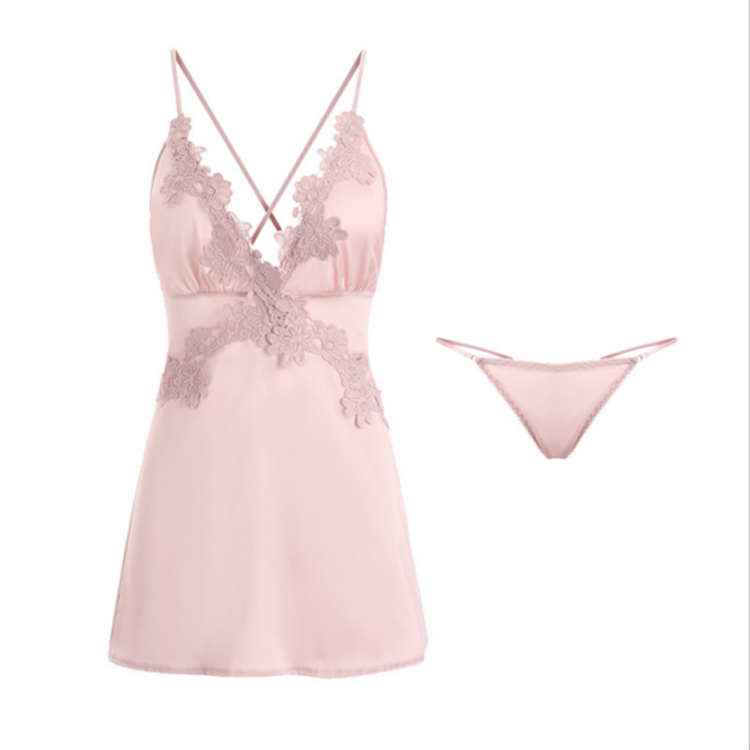 La Belle Fantastique Sexy Rose flower embroidery back split night dress with G-Strings