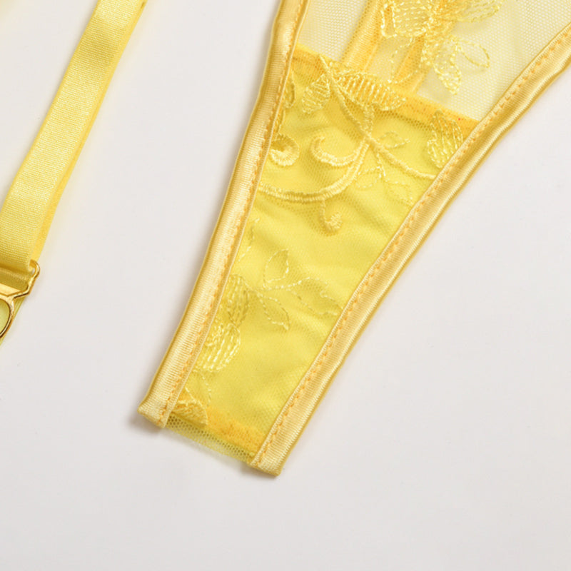 La Belle Fantastique Yellow lace embroidery 3 pc set lingerie Sexy lingerie Set Bride gift Lace lingerie set Sheer lingerie set holiday gift