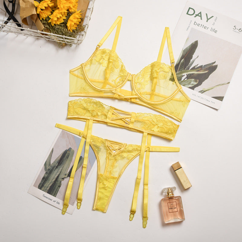 La Belle Fantastique Yellow lace embroidery 3 pc set lingerie Sexy lingerie Set Bride gift Lace lingerie set Sheer lingerie set holiday gift