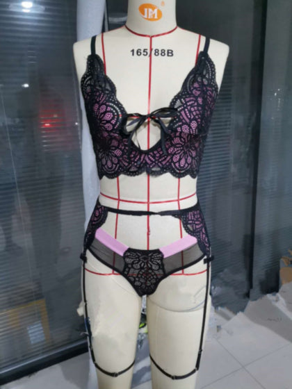 La Belle Fantastique 2 Pieces Black and Pink Sexy Danica Lace Bra set