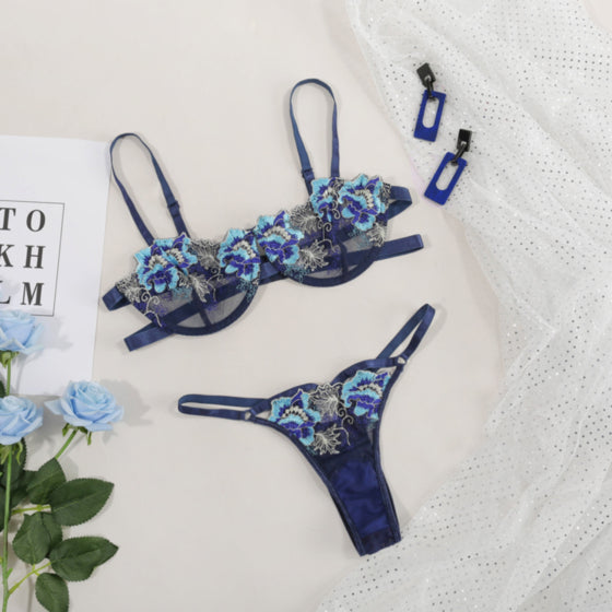 La Belle Fantastique 2 Pc Blue Daisy Embroidery Sexy Lingerie