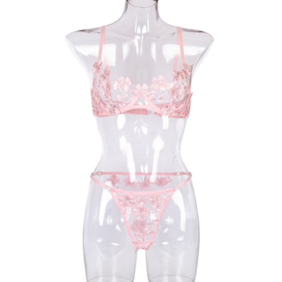 La Belle Fantastique 2 Pc Pink Daisy Embroidery Sexy Lingerie Fashion Lingerie
