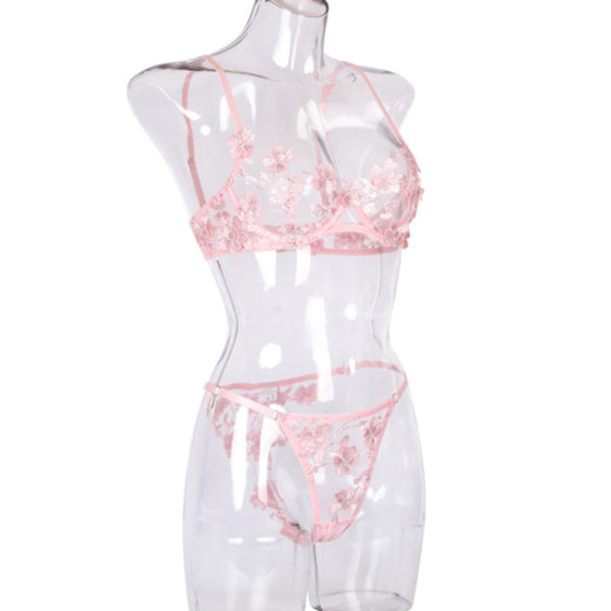 La Belle Fantastique 2 Pc Pink Daisy Embroidery Sexy Lingerie Fashion Lingerie