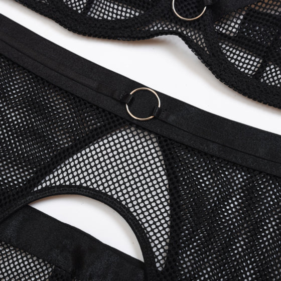 La Belle Fantastique Sexy 3 Piece Fishnet Lingerie with Garter Belt and G-String | Sexy Sheer Lingerie