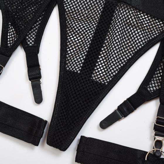 La Belle Fantastique Sexy 3 Piece Fishnet Lingerie with Garter Belt and G-String | Sexy Sheer Lingerie