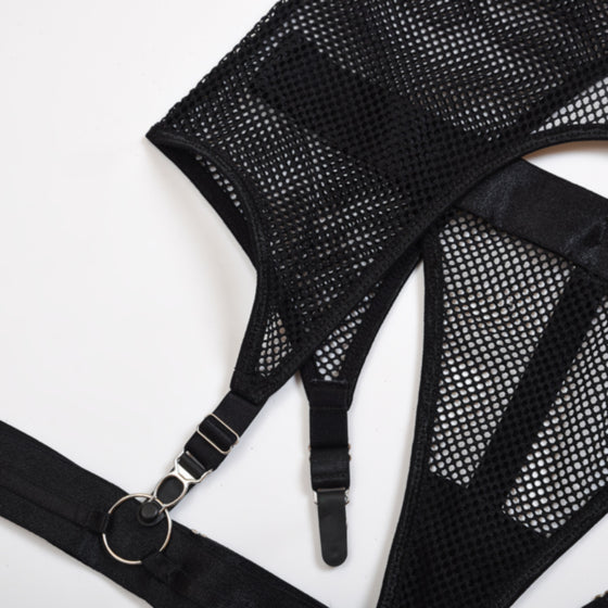 La Belle Fantastique Sexy 3 Piece Fishnet Lingerie with Garter Belt and G-String | Sexy Sheer Lingerie