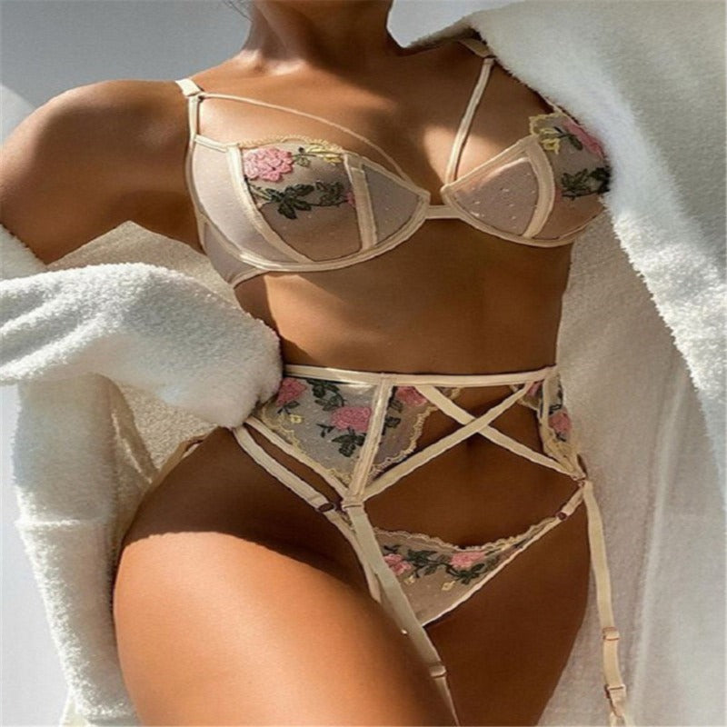 Sexy bridal 3 Piece Mesh Embroidery lingerie Set, Sexy lingerie Set, Bride gift, Lace lingerie set Sheer lingerie set holiday gift