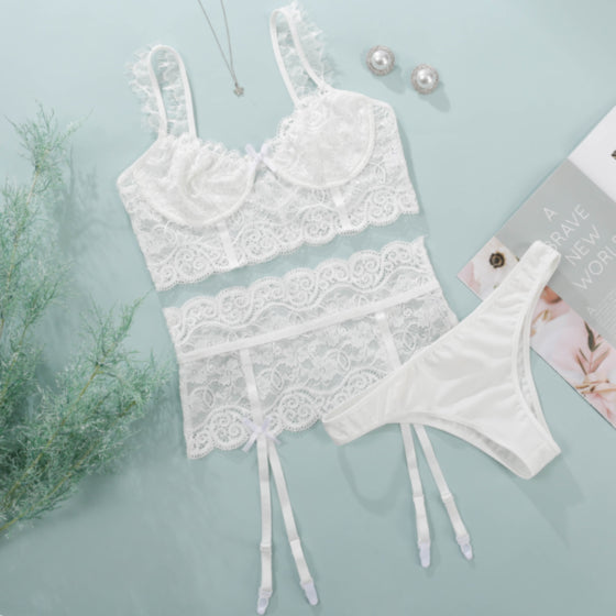 White lace embroidery 3 pc set lingerie, Sexy lingerie Set Bride gift Lace lingerie set Sheer lingerie set holiday gift, Bridal lingerie