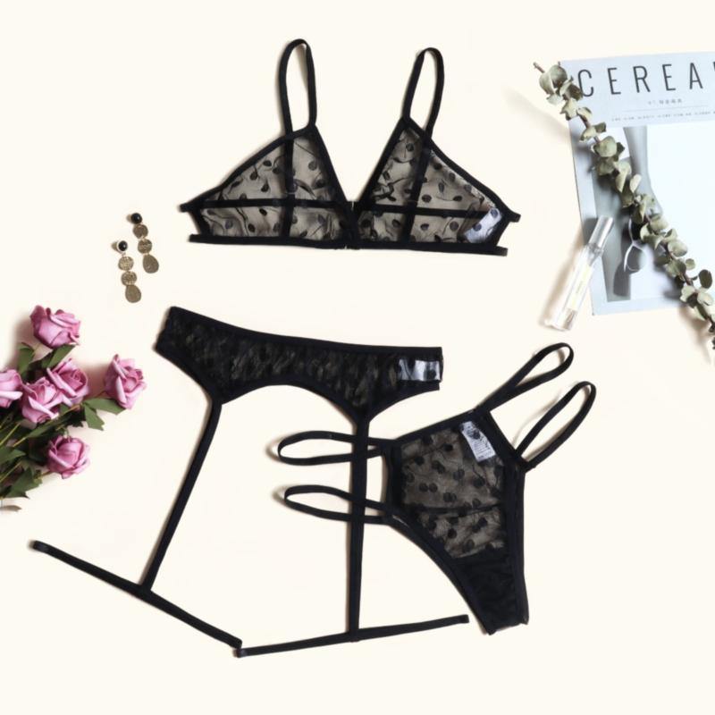 La Belle Fantastique 3 Piece Polka Dot Lace lingerie Set | Sexy lingerie Set | Bride gift | Black lingerie set | Sheer lingerie set - La Belle Fantastique