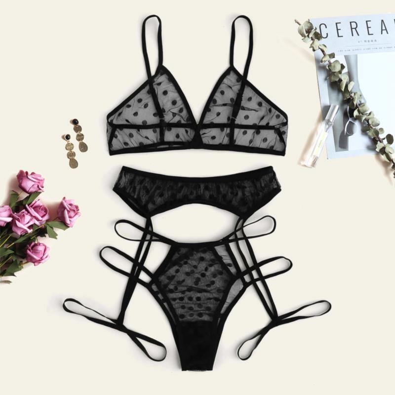 La Belle Fantastique 3 Piece Polka Dot Lace lingerie Set | Sexy lingerie Set | Bride gift | Black lingerie set | Sheer lingerie set - La Belle Fantastique
