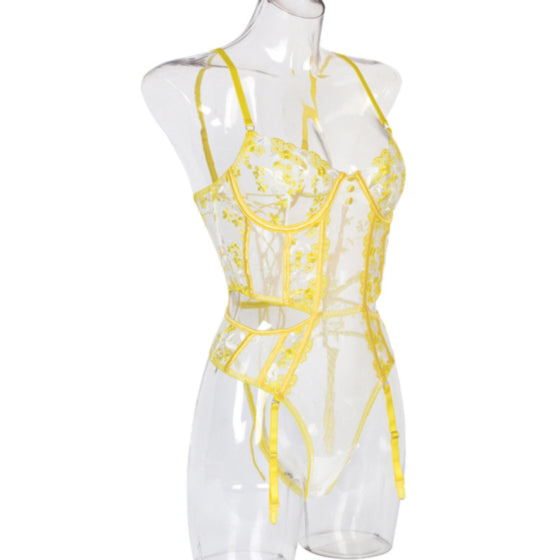 Lovely Yellow Embroidery bodysuit lingerie Set, Sexy lingerie Set, Bride gift, Lace lingerie set Sheer lingerie set holiday gift