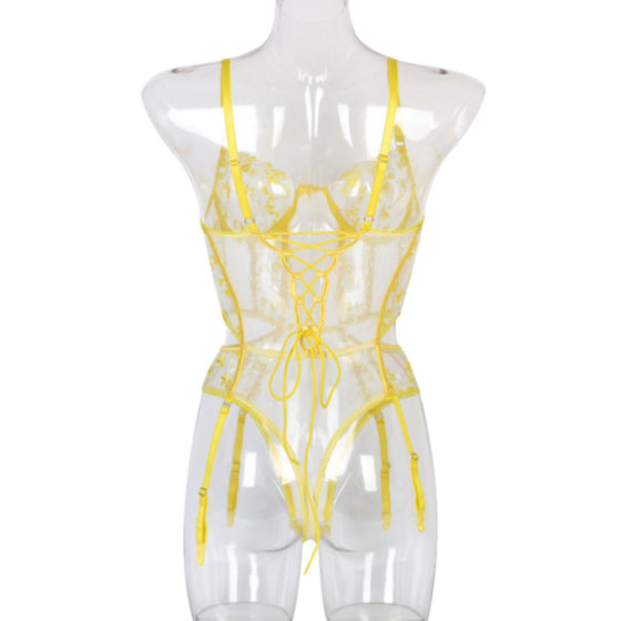 Lovely Yellow Embroidery bodysuit lingerie Set, Sexy lingerie Set, Bride gift, Lace lingerie set Sheer lingerie set holiday gift
