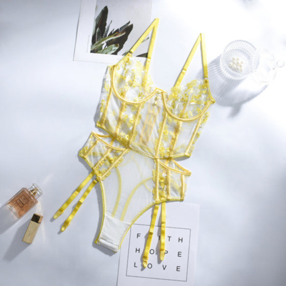 Lovely Yellow Embroidery bodysuit lingerie Set, Sexy lingerie Set, Bride gift, Lace lingerie set Sheer lingerie set holiday gift