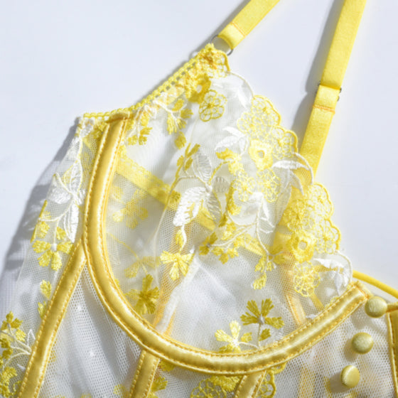 Lovely Yellow Embroidery bodysuit lingerie Set, Sexy lingerie Set, Bride gift, Lace lingerie set Sheer lingerie set holiday gift
