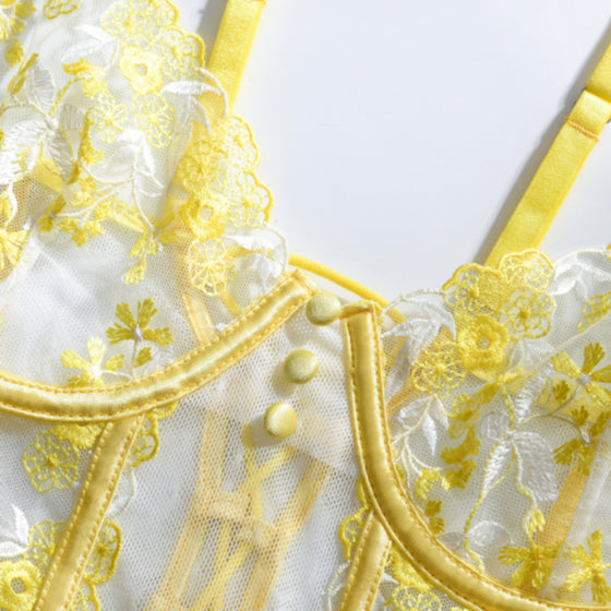 Lovely Yellow Embroidery bodysuit lingerie Set, Sexy lingerie Set, Bride gift, Lace lingerie set Sheer lingerie set holiday gift