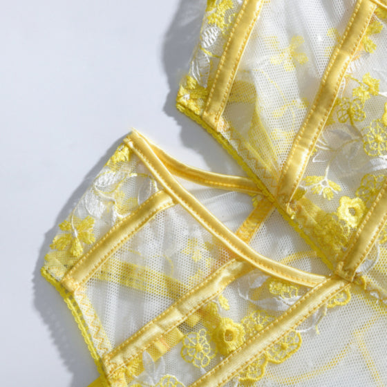 Lovely Yellow Embroidery bodysuit lingerie Set, Sexy lingerie Set, Bride gift, Lace lingerie set Sheer lingerie set holiday gift