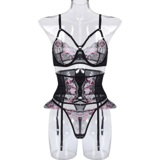 La Belle Fantastique 3 Piece Lace lingerie Set | Sexy lingerie Set |Bride gift | Lace lingerie set | Black lingerie set | Sheer lingerie set