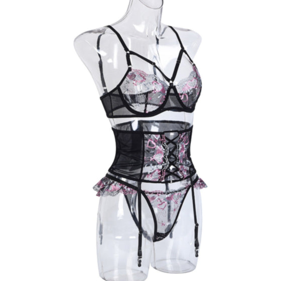 La Belle Fantastique 3 Piece Lace lingerie Set | Sexy lingerie Set |Bride gift | Lace lingerie set | Black lingerie set | Sheer lingerie set