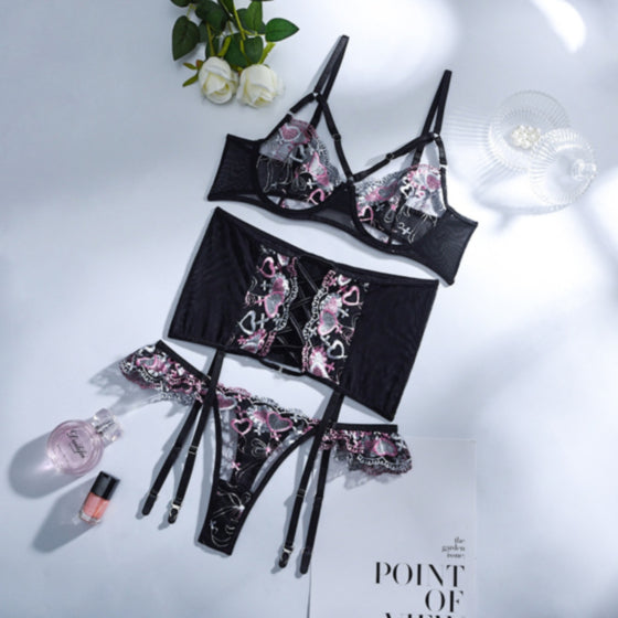 La Belle Fantastique 3 Piece Lace lingerie Set | Sexy lingerie Set |Bride gift | Lace lingerie set | Black lingerie set | Sheer lingerie set
