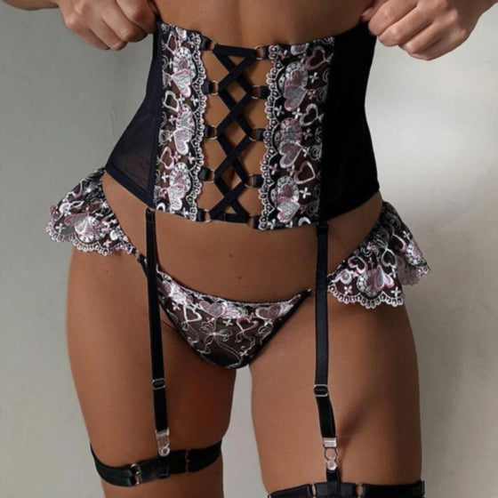 La Belle Fantastique 3 Piece Lace lingerie Set | Sexy lingerie Set |Bride gift | Lace lingerie set | Black lingerie set | Sheer lingerie set