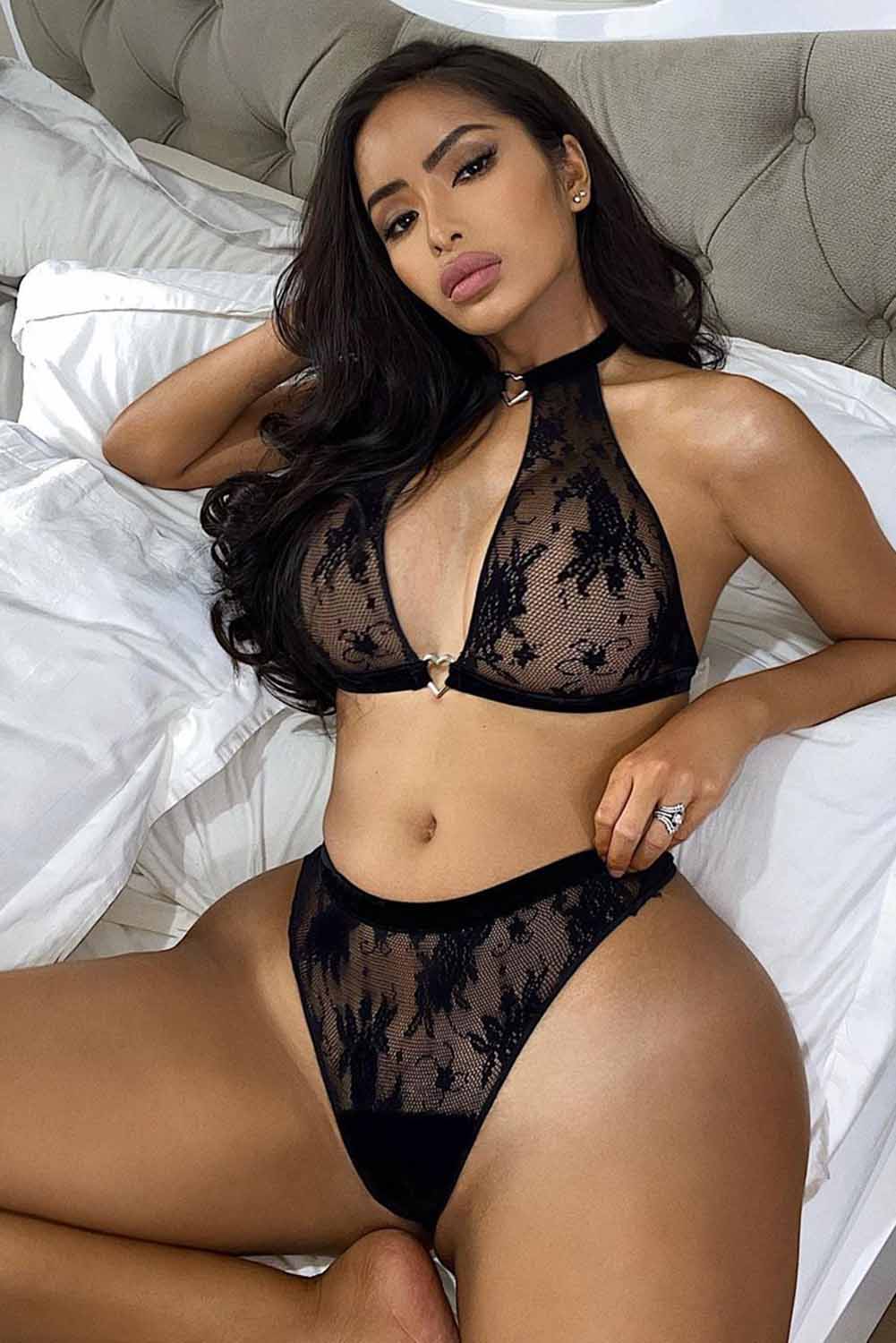 La Belle Fantastique Black Halter Open Bust Lace Bralette Set | Sexy Lingerie | Lace Nightie | Fashion Lingerie