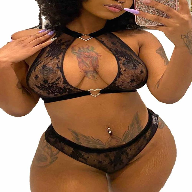 La Belle Fantastique Black Halter Open Bust Lace Bralette Set | Sexy Lingerie | Lace Nightie | Fashion Lingerie