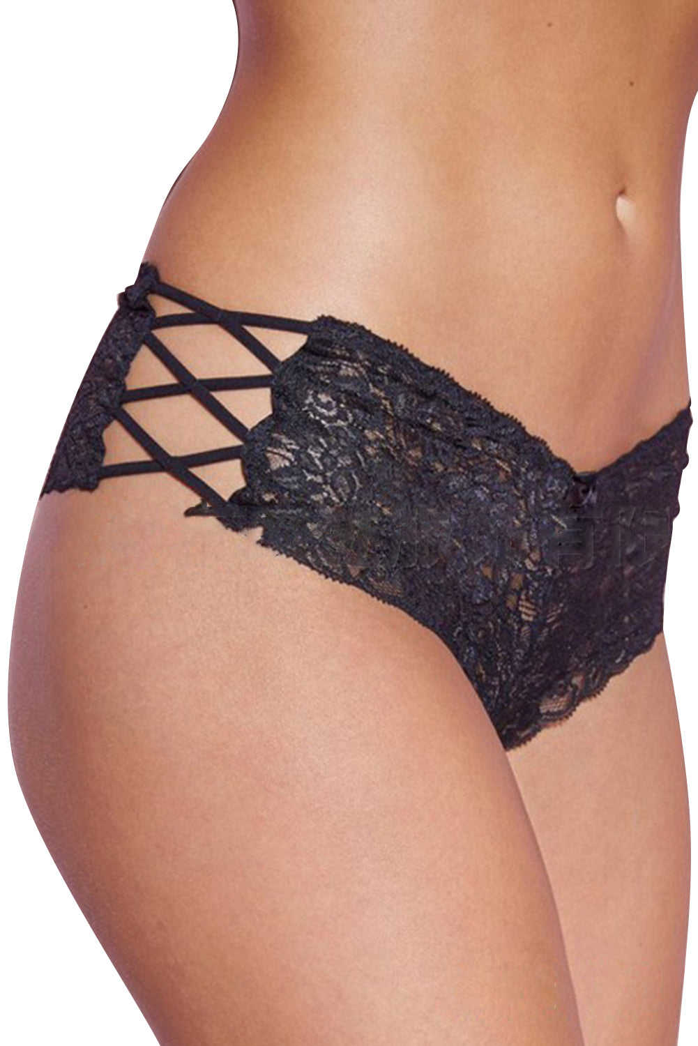 La Belle Fantastique Black Crisscross Hollow-out Sides Lace Thong Panty, panties for women