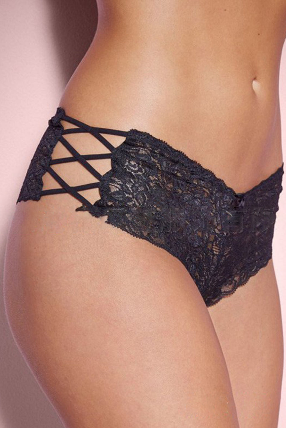 La Belle Fantastique Black Crisscross Hollow-out Sides Lace Thong Panty, panties for women