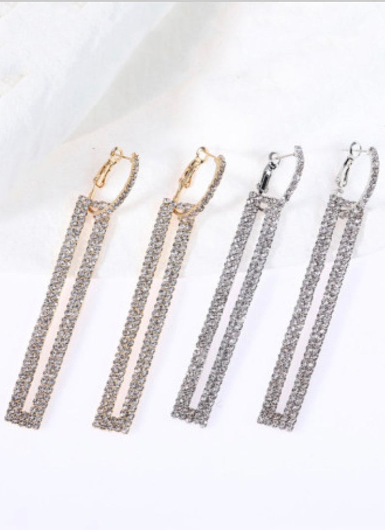 La Belle Fantastique Silvery Clip-on Long Drop Rectangle Rhinestone Earrings,Bar Earrings, Solid Brass Earrings, Geometric Earrings