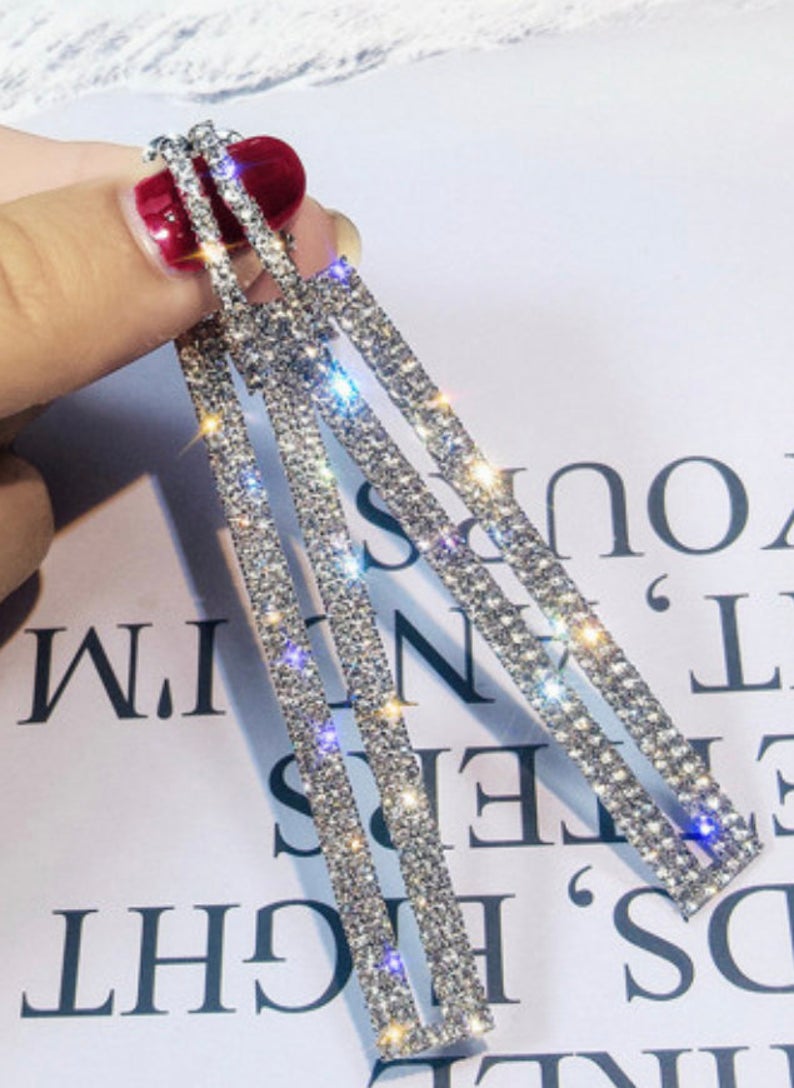 La Belle Fantastique Silvery Clip-on Long Drop Rectangle Rhinestone Earrings,Bar Earrings, Solid Brass Earrings, Geometric Earrings