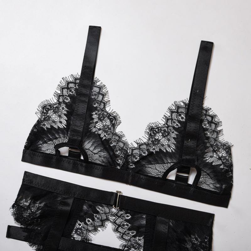 La Belle Fantastique 3 Piesces Black Satin and Eyelash Lace Bra with Garter Belt and G-String | Sexy Sheer Lingerie - La Belle Fantastique 