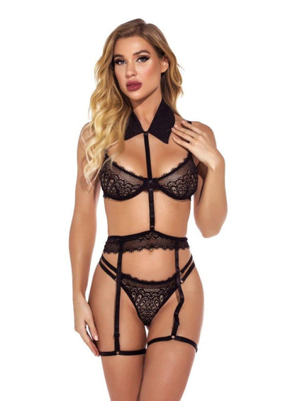 La Belle Fantastique 3 Pieces Black Sexy Collar Lace Bra with Garter Belt and G-String | Black Satin Bra and G-String | Sexy Sheer Lingerie - La Belle Fantastique 