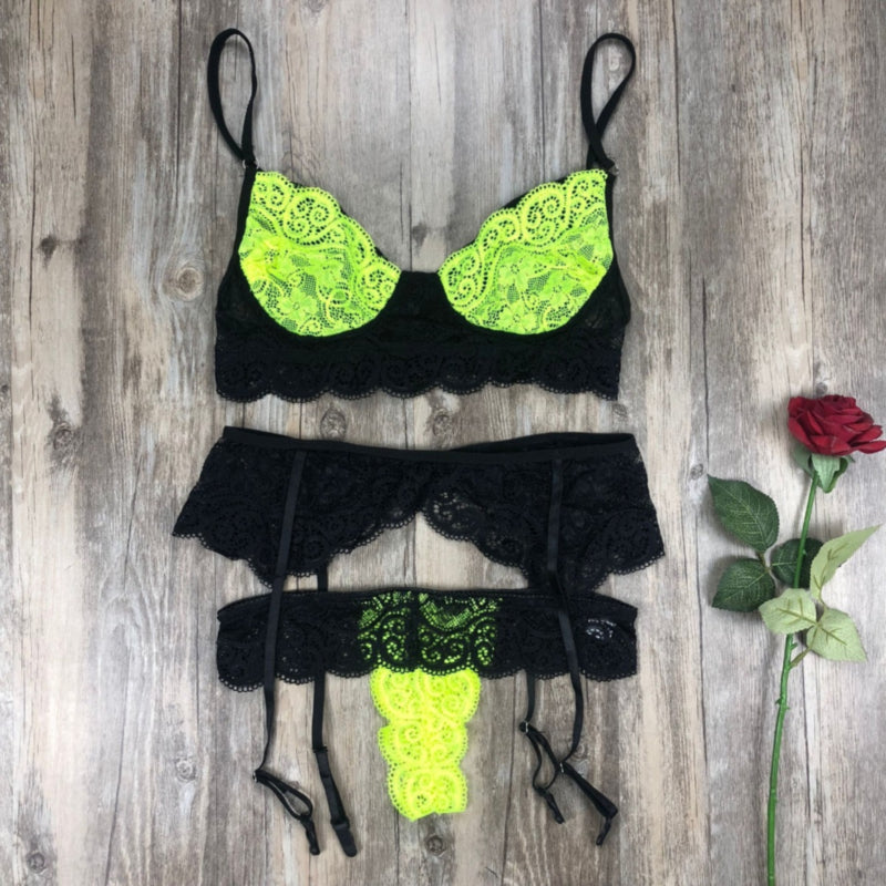 Becca 3 Piece Lace lingerie Set Neon Green Sexy lingerie Set