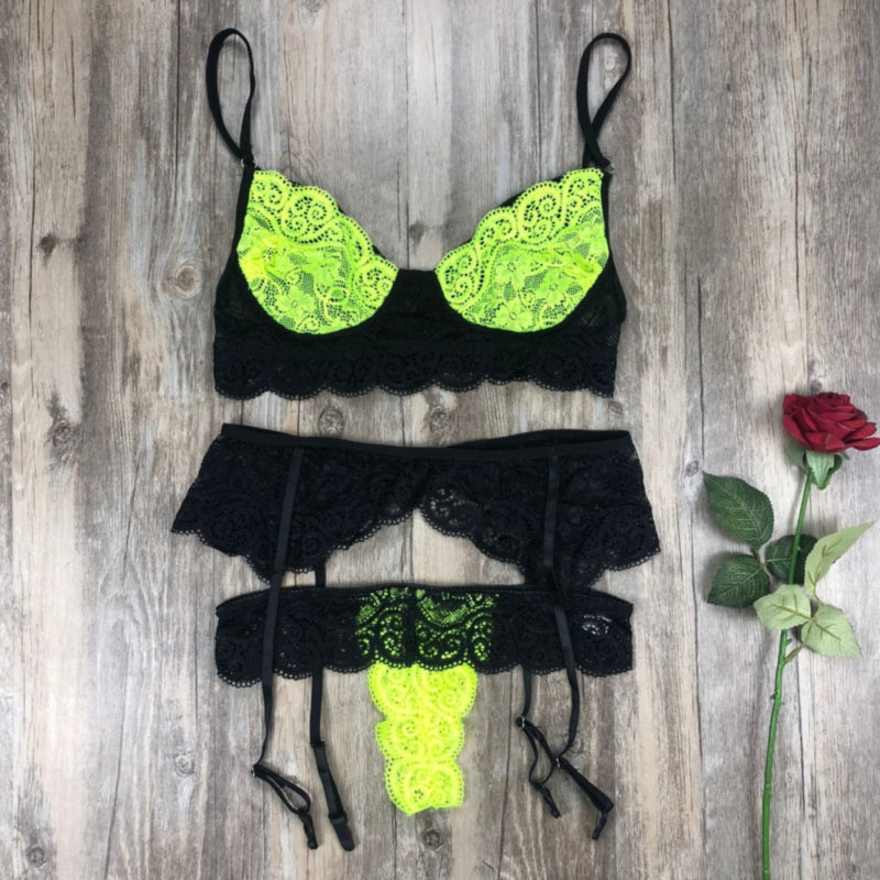 Becca 3 Piece Lace lingerie Set, Neon Green, Sexy lingerie Set, Bride gift, Lace lingerie set, Black lingerie set, Sheer lingerie set