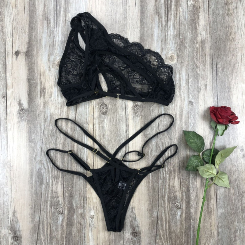 Black One Shoulder lace 2 pc set lingerie, Lace Nightdress gift for her, Girlfriends gift, Daughters gift