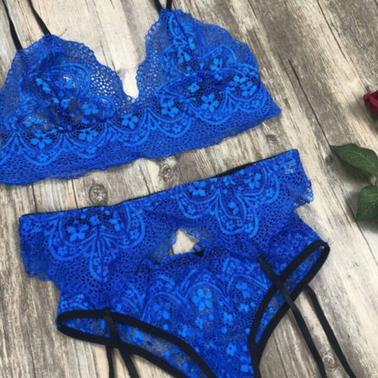 La Belle Fantastique 3 Pieces Blue Satin and Eyelash Lace Bra with Garter Belt and G-String | Sexy Sheer Lingerie