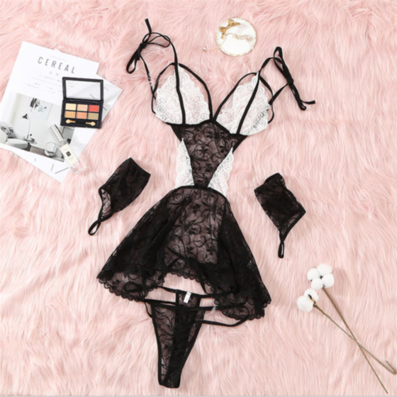 3 Piece Sexy lace hollow babydoll, Sexy Maid Lingerie, Erotic Maid Costume, Erotic Roleplay Lingerie, mini dress, include oversleeves