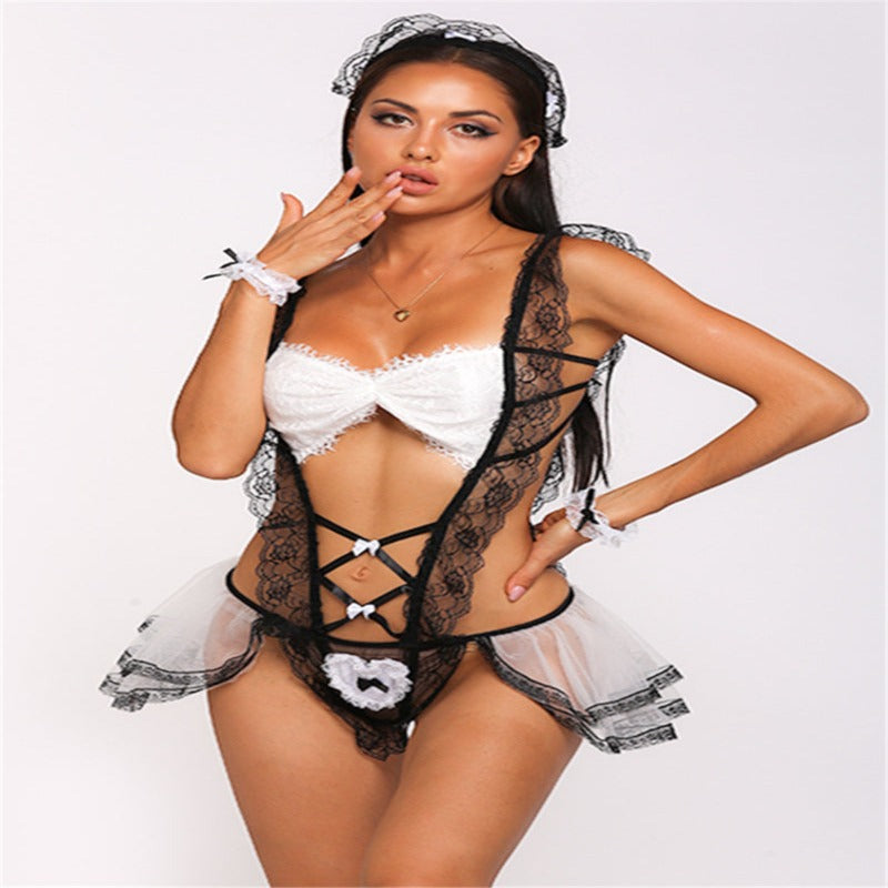 Maid style lace hollow sexy teddy collections (Hair hoop+wristbands) | Lace-Women G-string |Sexy lingerie set | Erotic lingerie