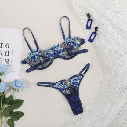 La Belle Fantastique 2 Pc Blue Daisy Embroidery Sexy Lingerie