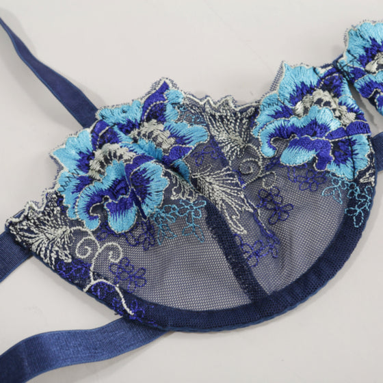 La Belle Fantastique 2 Pc Blue Daisy Embroidery Sexy Lingerie