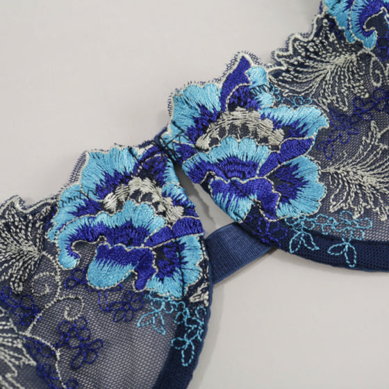 La Belle Fantastique 2 Pc Blue Daisy Embroidery Sexy Lingerie