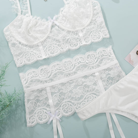 White lace embroidery 3 pc set lingerie, Sexy lingerie Set Bride gift Lace lingerie set Sheer lingerie set holiday gift, Bridal lingerie