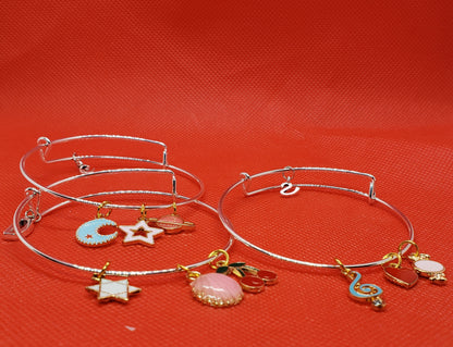 La Belle Fantastique Stainless Steel/ Rose Gold Expandable Bangle Bracelets | Adjustable Bracelet | Charm Pendants | Lettering Charms