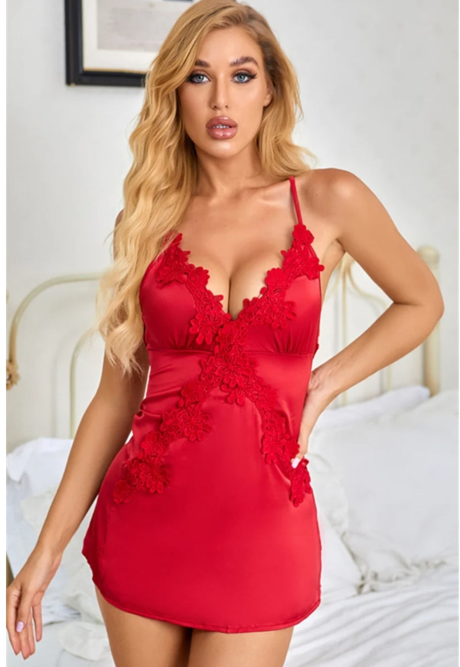 La Belle Fantastique Sexy Red flower embroidery back split night dress with G-Strings, Lingerie Set