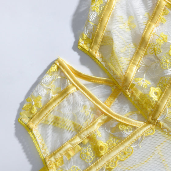 Lovely Yellow Embroidery bodysuit lingerie Set,  Sexy lingerie Set, Bride gift, Lace lingerie set Sheer lingerie set holiday gift