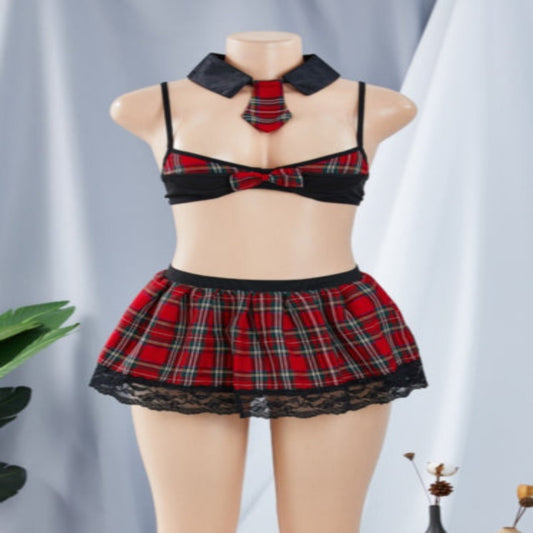 Red Sexy student style deep V lattice&lattice stitching skirt 2 pc set(contain G-Strings)