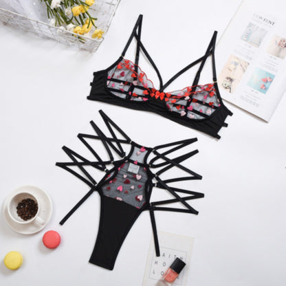 La Belle Fantastique 2 PC Charlotte Heart Embroidery Strappy Lace Bralette Set
